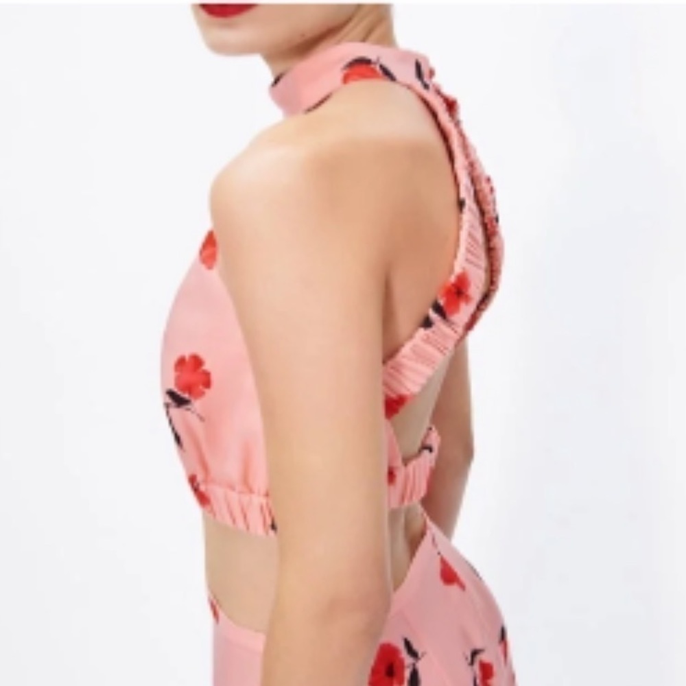 Zara Crop Top Coral Floral Print Linen-Blend Halter Neck  xl